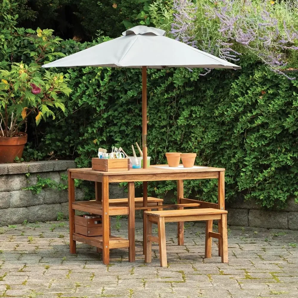 Kids Outdoor Table With Umbrella - Conjunto de Mesa, Bancos y Sombrilla