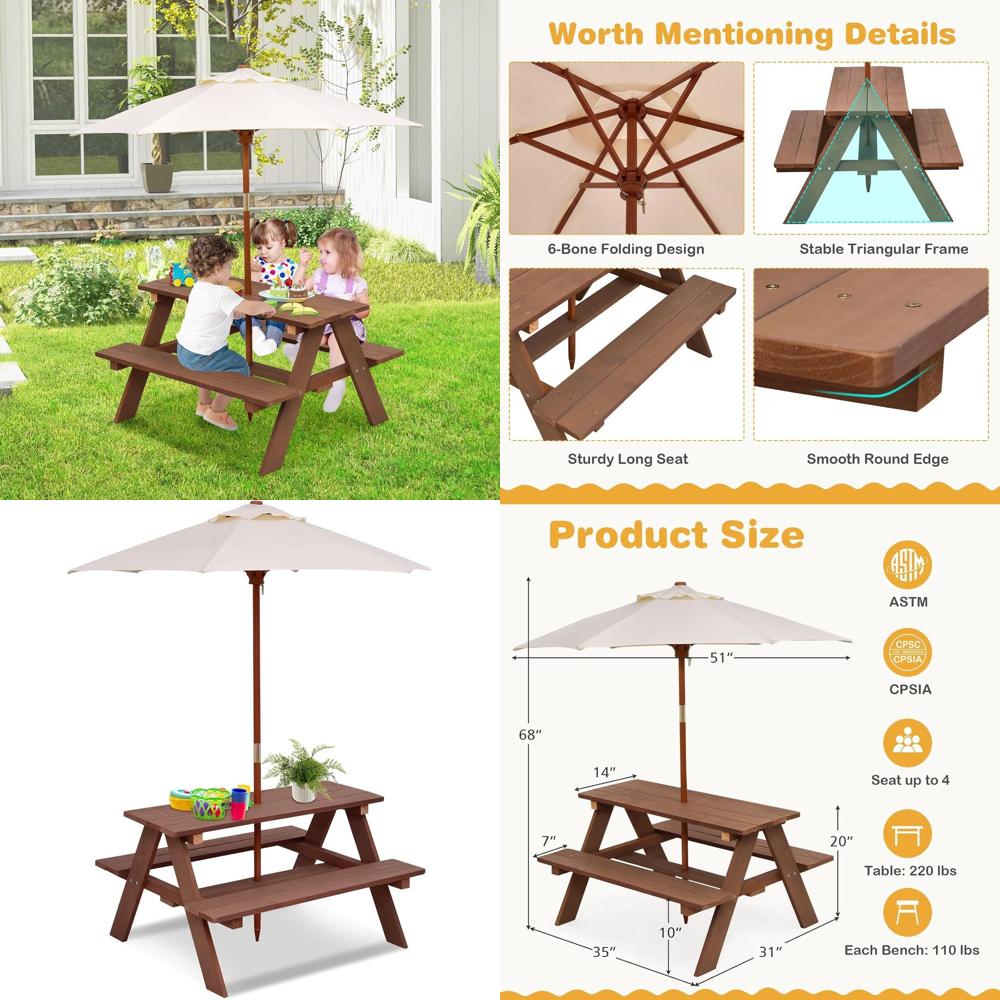 Kids Outdoor Table With Umbrella - Mesa de Picnic Infantil de Madera