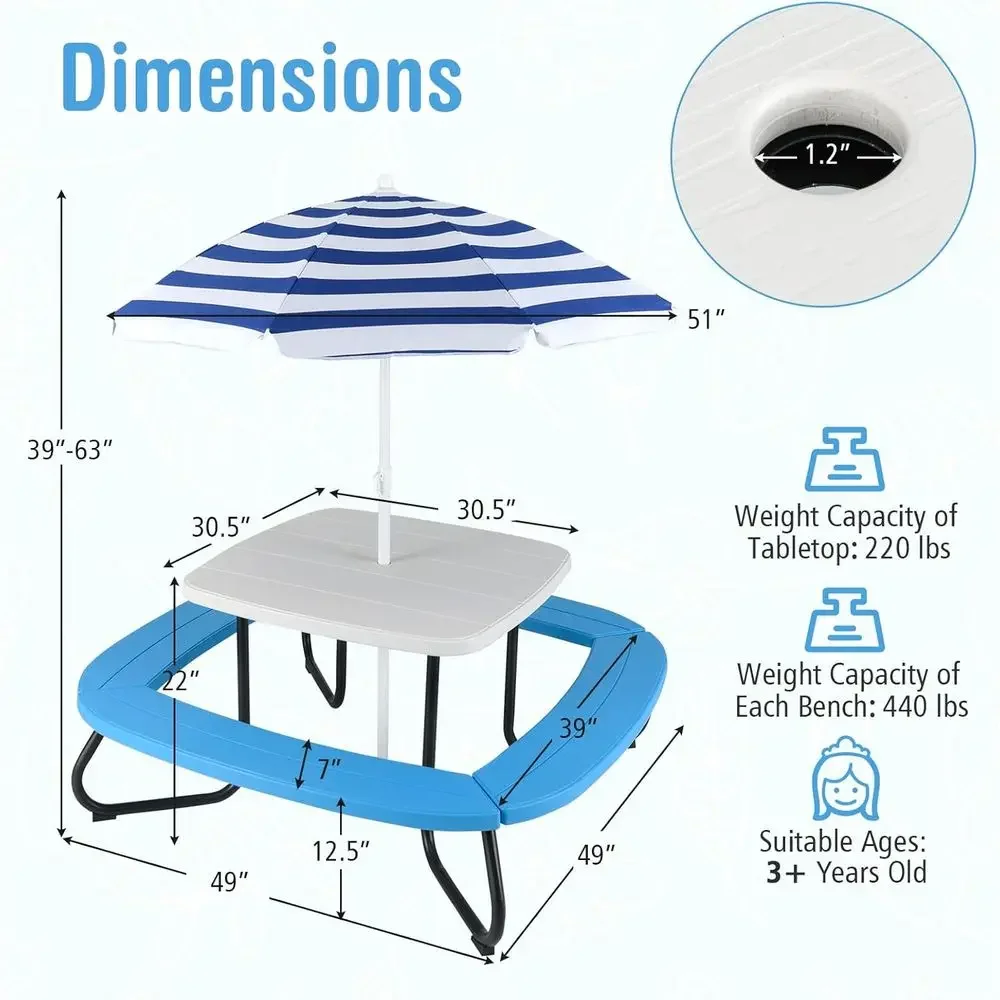 Mesa de Picnic para 8 Personas - Kids Outdoor Table With Umbrella reseña y precio