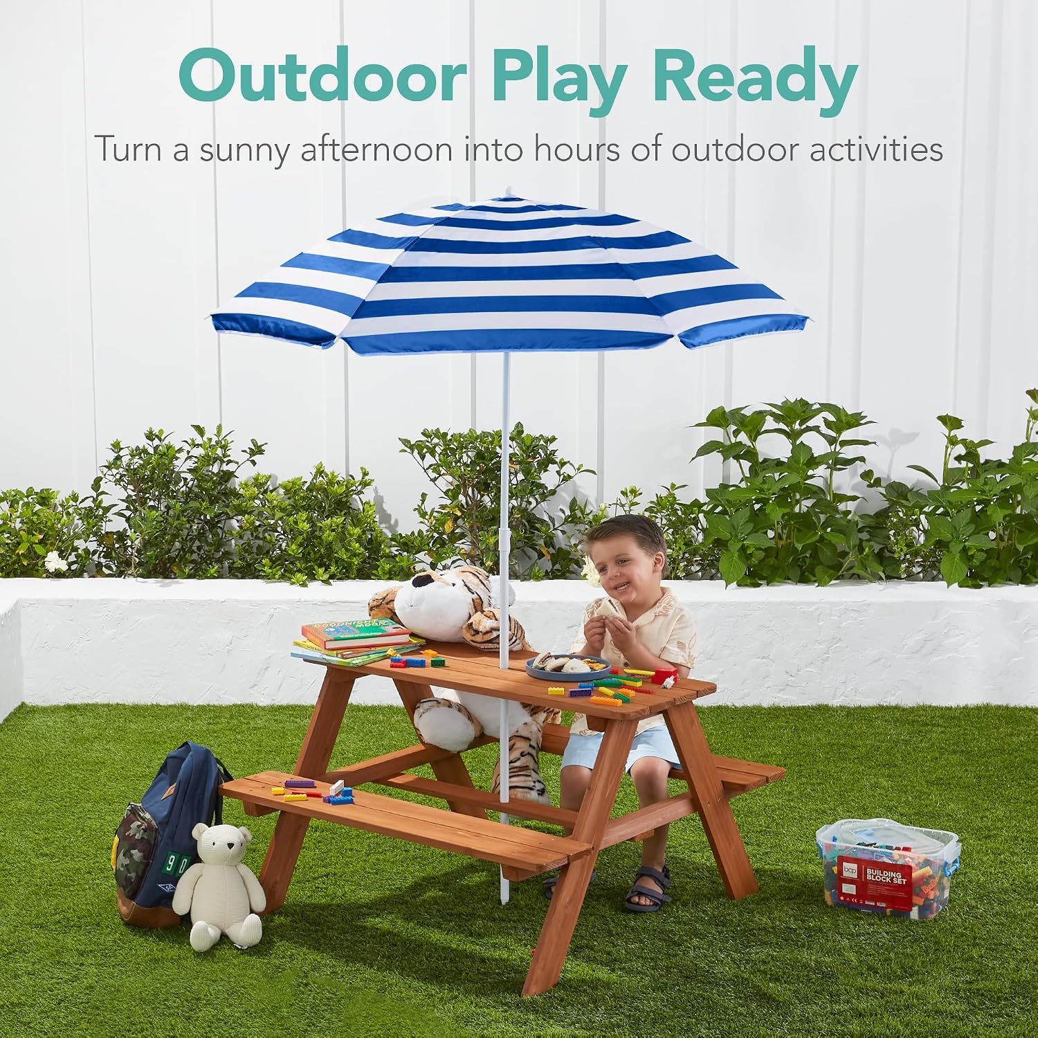 Mesa de picnic de madera para  - Kids Outdoor Table With Umbrella reseña y precio